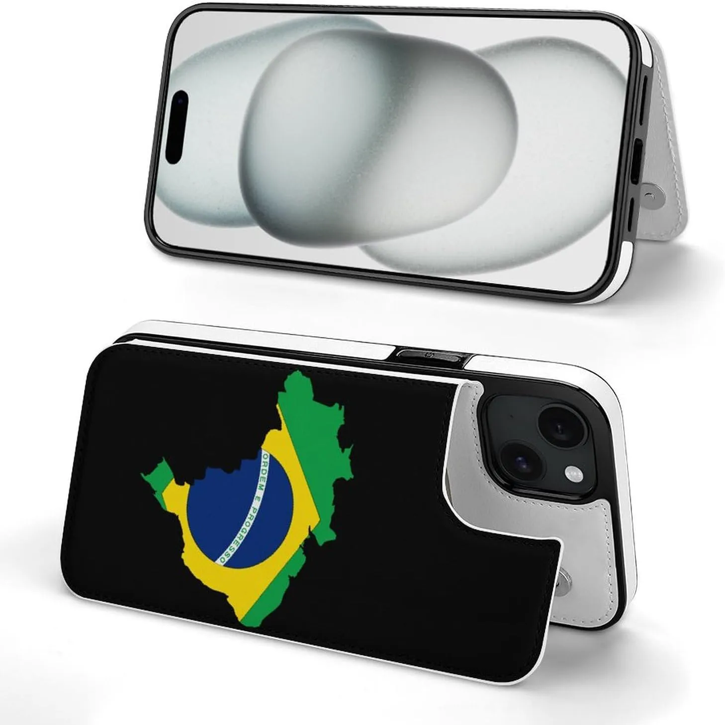 Flag of Brazil Map Printed Flip Wallet Phone Case Compatible with iPhone 15/iPhone 15 Plus/iPhone 15 Pro/iPhone 15 Pro Max Protective Cover with Card Holder Kickstand