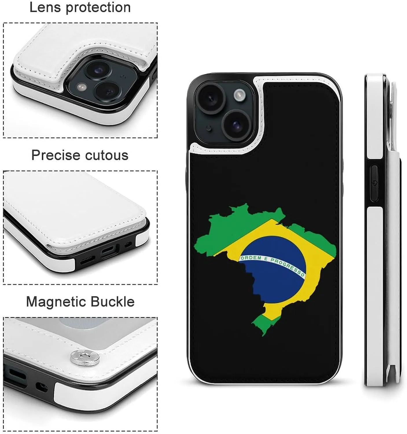 Flag of Brazil Map Printed Flip Wallet Phone Case Compatible with iPhone 15/iPhone 15 Plus/iPhone 15 Pro/iPhone 15 Pro Max Protective Cover with Card Holder Kickstand