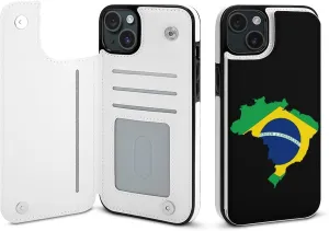 Flag of Brazil Map Printed Flip Wallet Phone Case Compatible with iPhone 15/iPhone 15 Plus/iPhone 15 Pro/iPhone 15 Pro Max Protective Cover with Card Holder Kickstand