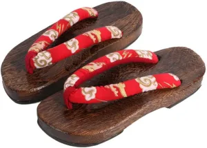 Flip Flops Clogs Slippers,Two-Teeth Japanese Traditional Round Toe Unisex Slipper Wooden Comfortable Non-Slip Flat Shoes Indoor and Outdoor Sandals(Size:EU 38,Color:Red A)