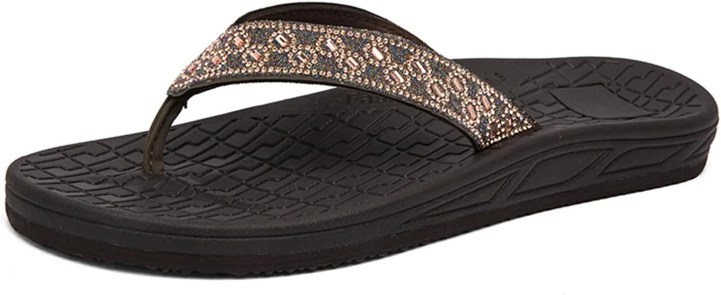 Flip Flops for Women with Arch Support Rhinestone Comfortable Summer Beach Walking Thong Sandals Orthotic Rubber Soles Flip Flop Slippers Slip On Indoor Outdoor
