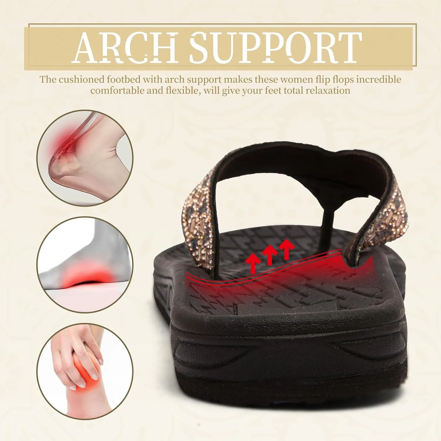 Flip Flops for Women with Arch Support Rhinestone Comfortable Summer Beach Walking Thong Sandals Orthotic Rubber Soles Flip Flop Slippers Slip On Indoor Outdoor