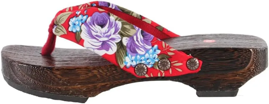 Flip-Flops Women's Printed Kimono Clogs Slippers,Japanese Traditional Sandals Geta Wooden Kimono Thick Sole Sashion Slippers,Anti Slip and Wear-Resistant Shoes(Size:EU 38,Color:Red)