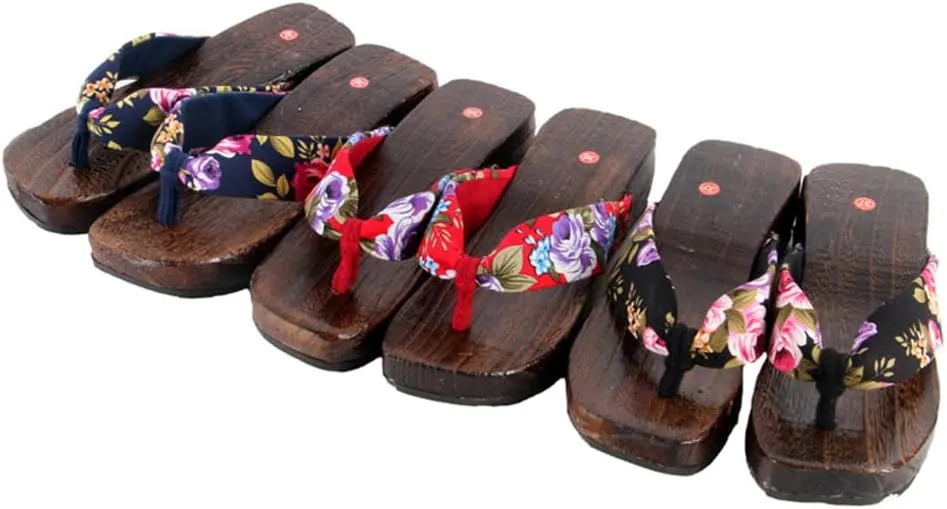 Flip-Flops Women's Printed Kimono Clogs Slippers,Japanese Traditional Sandals Geta Wooden Kimono Thick Sole Sashion Slippers,Anti Slip and Wear-Resistant Shoes(Size:EU 38,Color:Red)