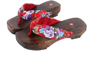 Flip-Flops Women's Printed Kimono Clogs Slippers,Japanese Traditional Sandals Geta Wooden Kimono Thick Sole Sashion Slippers,Anti Slip and Wear-Resistant Shoes(Size:EU 38,Color:Red)