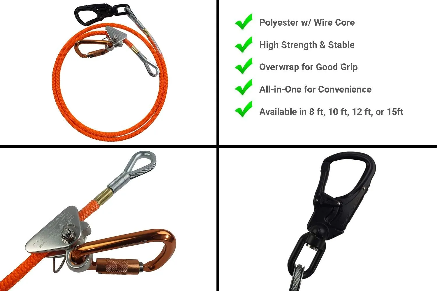 Flip Line Kit with Aluminum Swivel - 1/2 inch (8 feet - 15 feet) | Premium Quality | Ideal for Climbing Lanyard, Lineman’s Belt and Rope