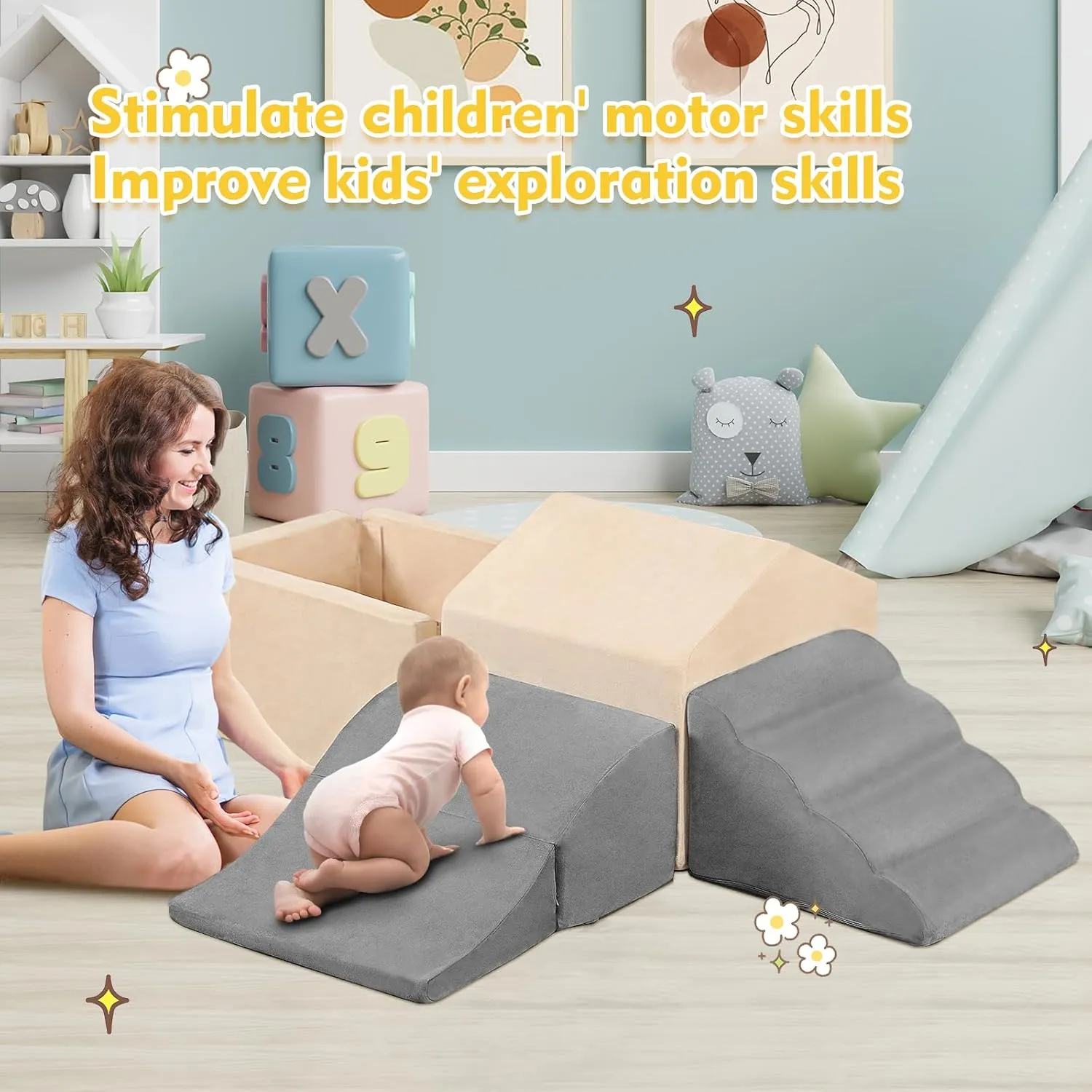 Foam Climbing Toys for Toddlers, 6PCS Climb and Crawl Activity Playset, Soft Foam Climbing Blocks Indoor, Toddler Play Climbing and Ball Pit with Slide Stairs and Ramp