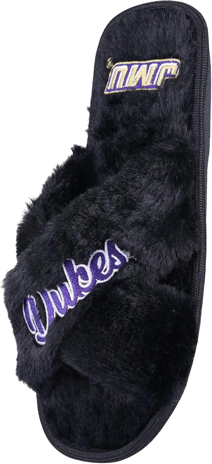 FOCO Womens NCAA College Team Script Wordmark Fuzzy Cross Slide Slippers