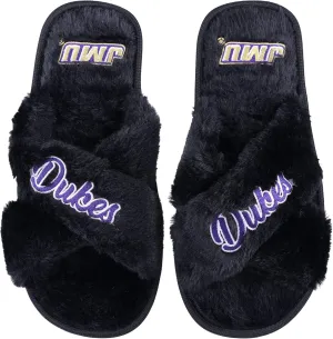 FOCO Womens NCAA College Team Script Wordmark Fuzzy Cross Slide Slippers