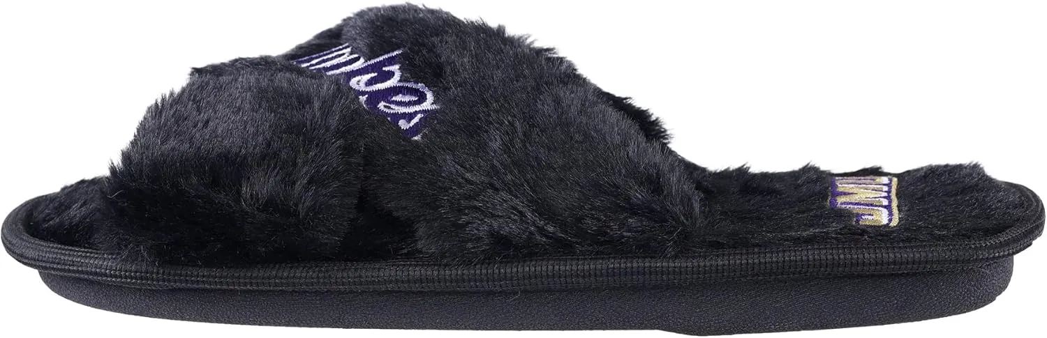 FOCO Womens NCAA College Team Script Wordmark Fuzzy Cross Slide Slippers
