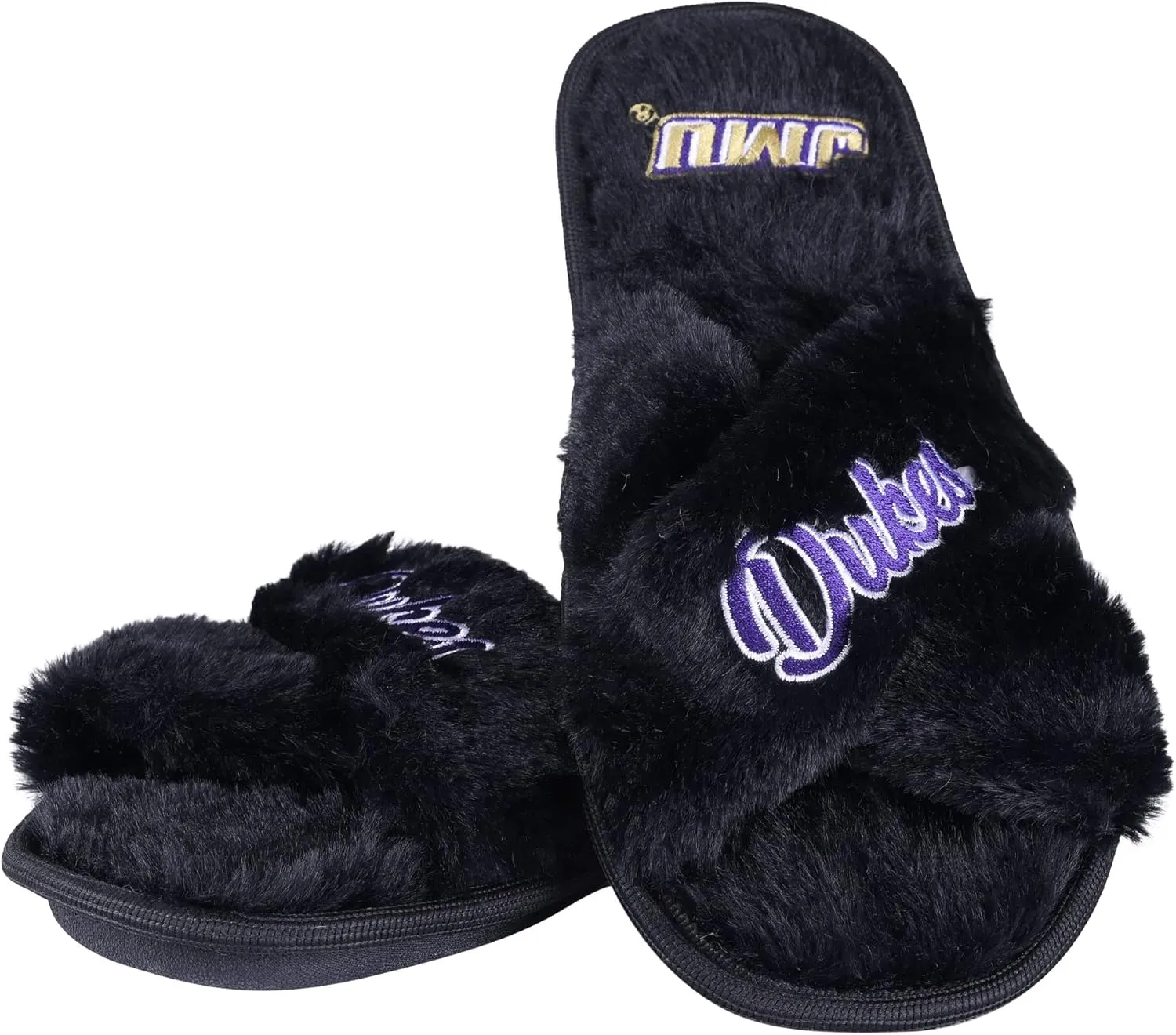 FOCO Womens NCAA College Team Script Wordmark Fuzzy Cross Slide Slippers