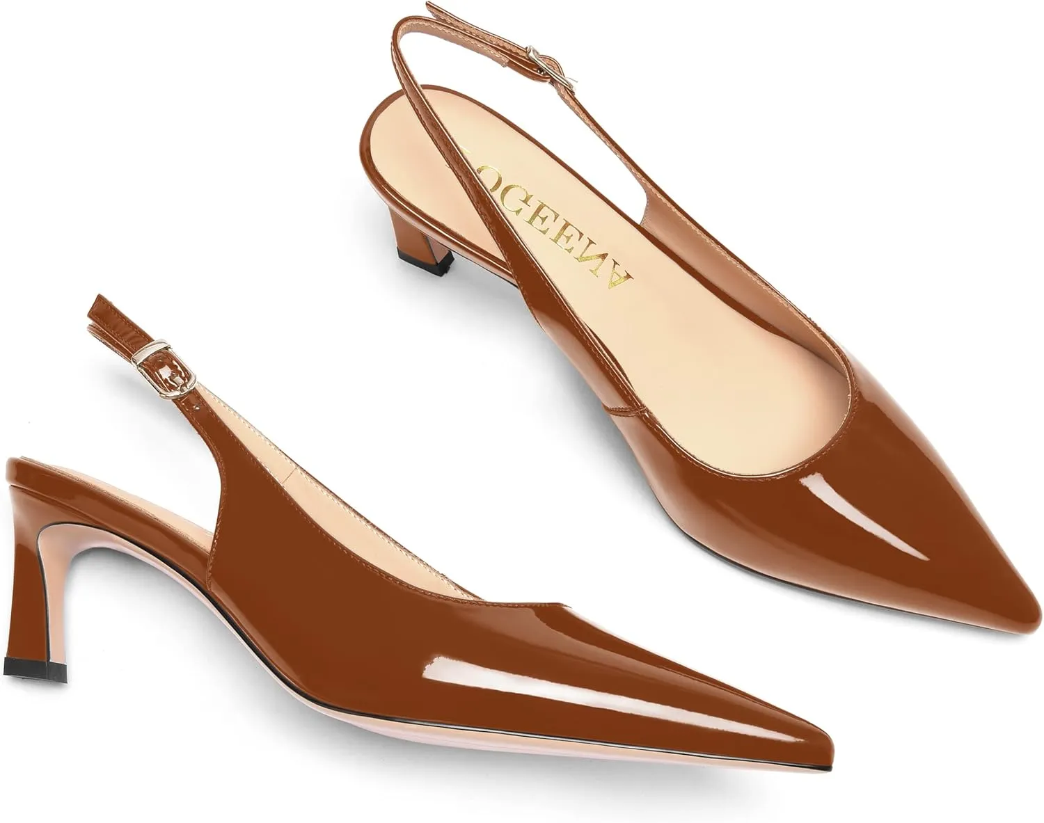 FOGEENA Womens Solid Patent Pointed Toe Dating Ankle Strap Casual Buckle Kitten Leather Low Heel Pumps Shoes 2 Inch