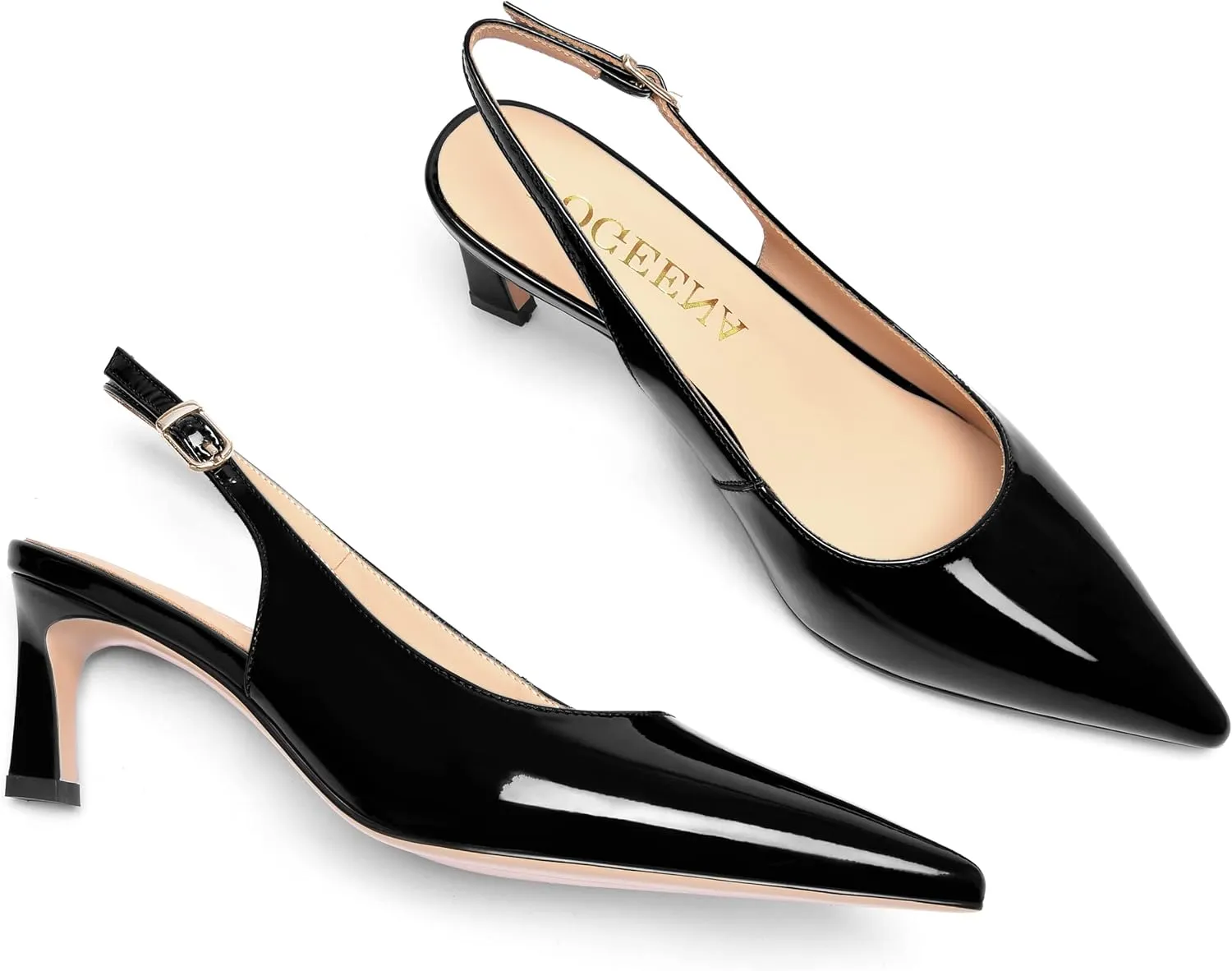 FOGEENA Womens Solid Patent Pointed Toe Dating Ankle Strap Casual Buckle Kitten Leather Low Heel Pumps Shoes 2 Inch