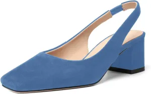FOGEENA Womens Solid Suede Night Club Slip On Dress Square Toe Chunky Leather Low Heel Pumps Shoes 2 Inch