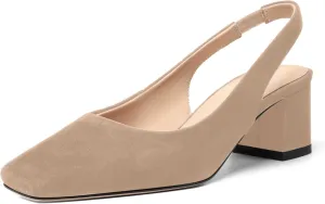 FOGEENA Womens Solid Suede Night Club Slip On Dress Square Toe Chunky Leather Low Heel Pumps Shoes 2 Inch