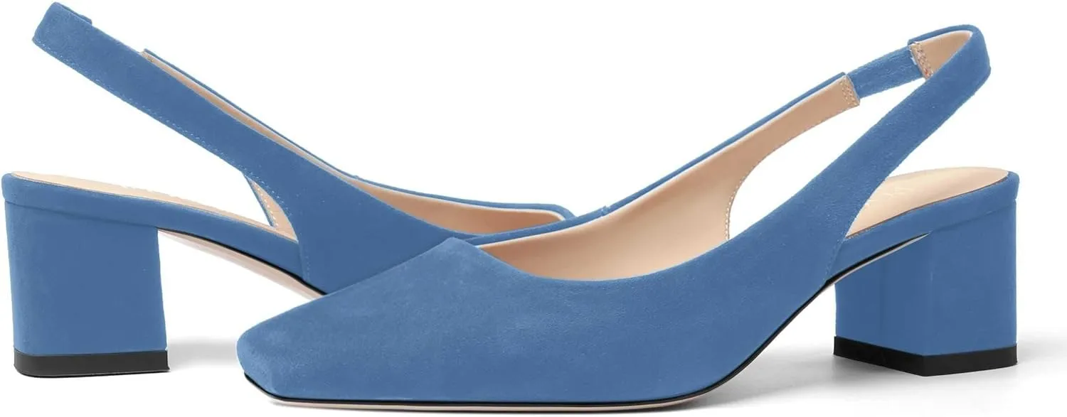 FOGEENA Womens Solid Suede Night Club Slip On Dress Square Toe Chunky Leather Low Heel Pumps Shoes 2 Inch