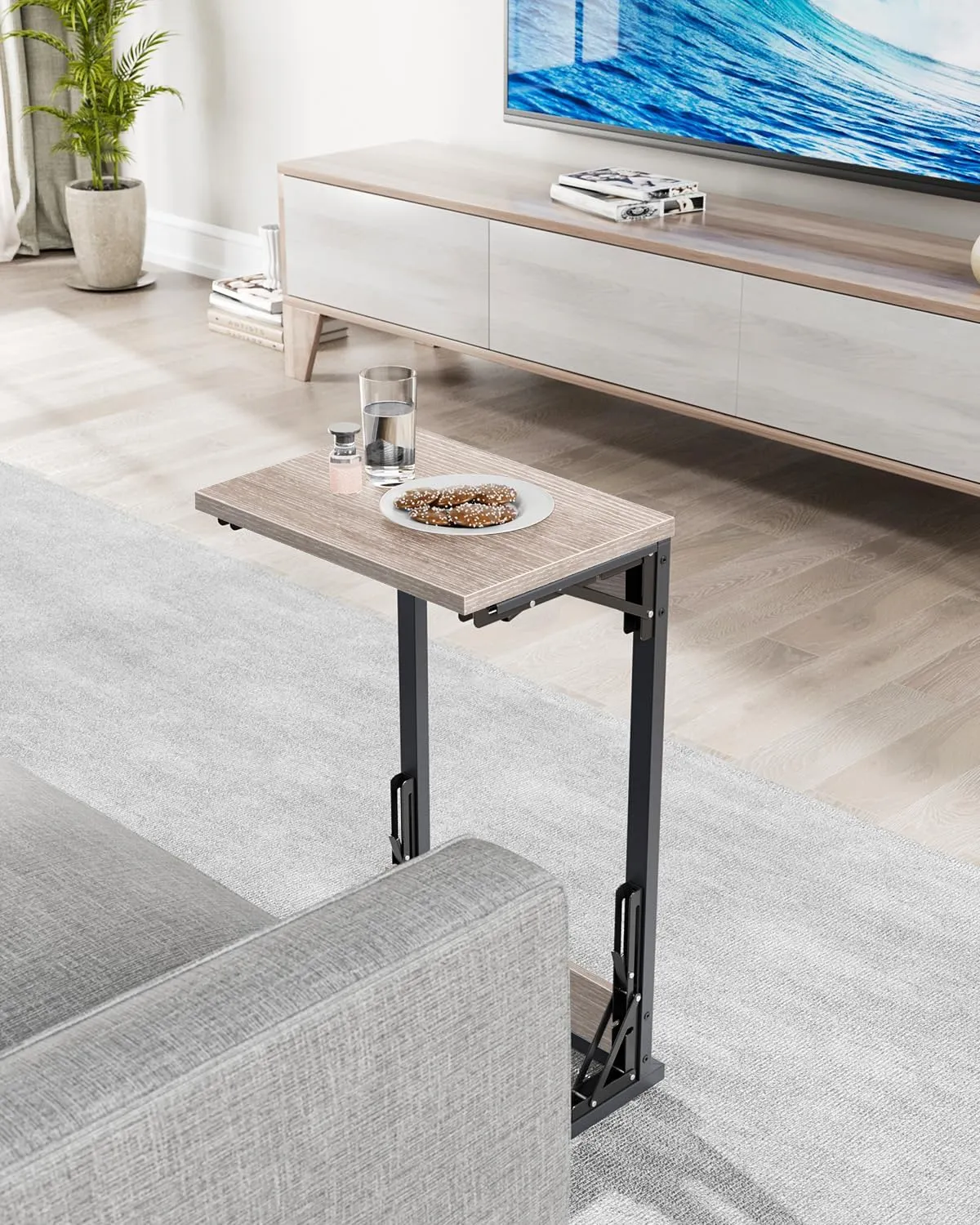 Folding TV Tray for Eating, Foldable Laptop Table with Mouse Tray for Work, C Shaped End Table Couch Desk for Living Room, Bedroom, Greige