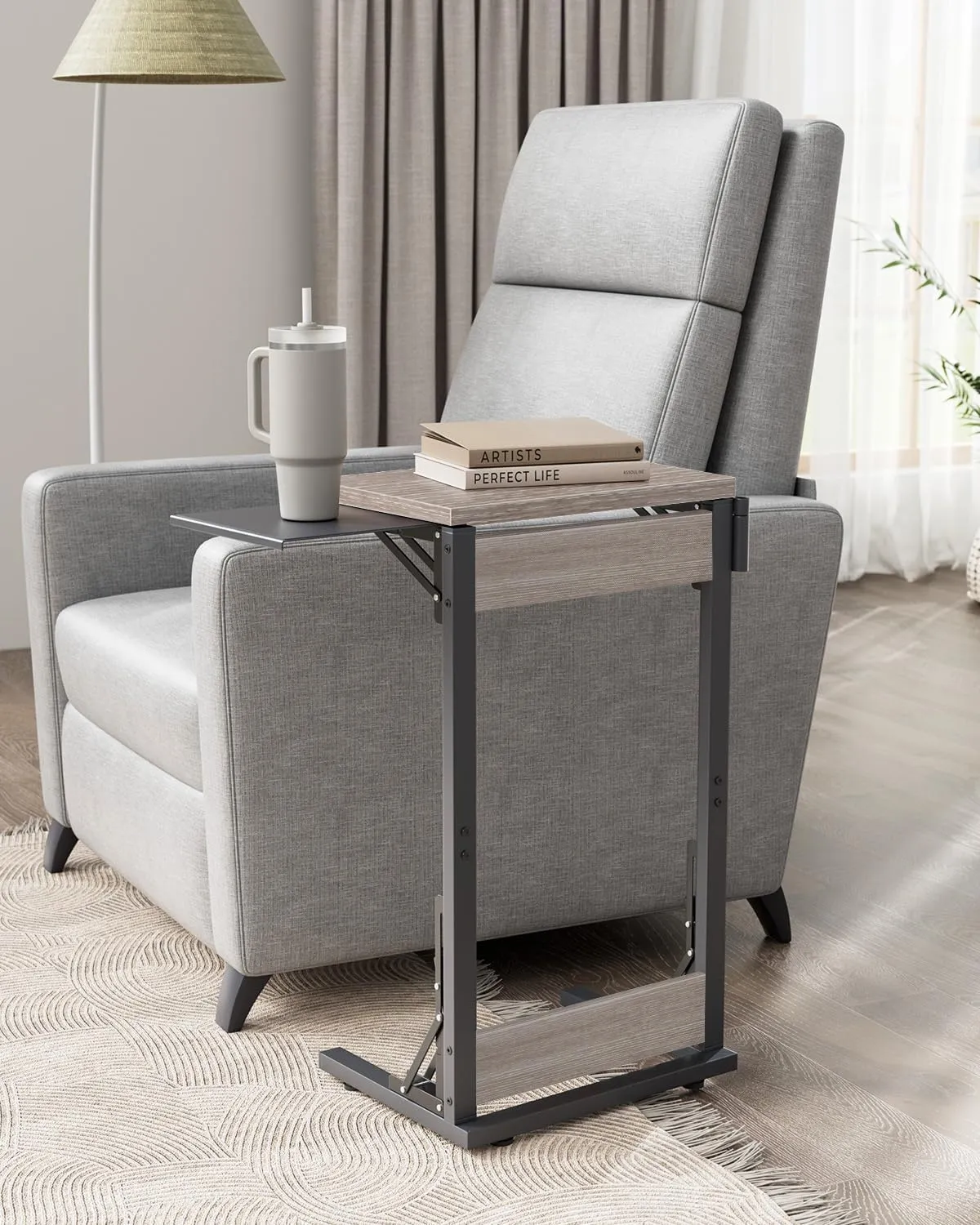 Folding TV Tray for Eating, Foldable Laptop Table with Mouse Tray for Work, C Shaped End Table Couch Desk for Living Room, Bedroom, Greige
