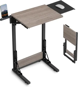 Folding TV Tray for Eating, Foldable Laptop Table with Mouse Tray for Work, C Shaped End Table Couch Desk for Living Room, Bedroom, Greige