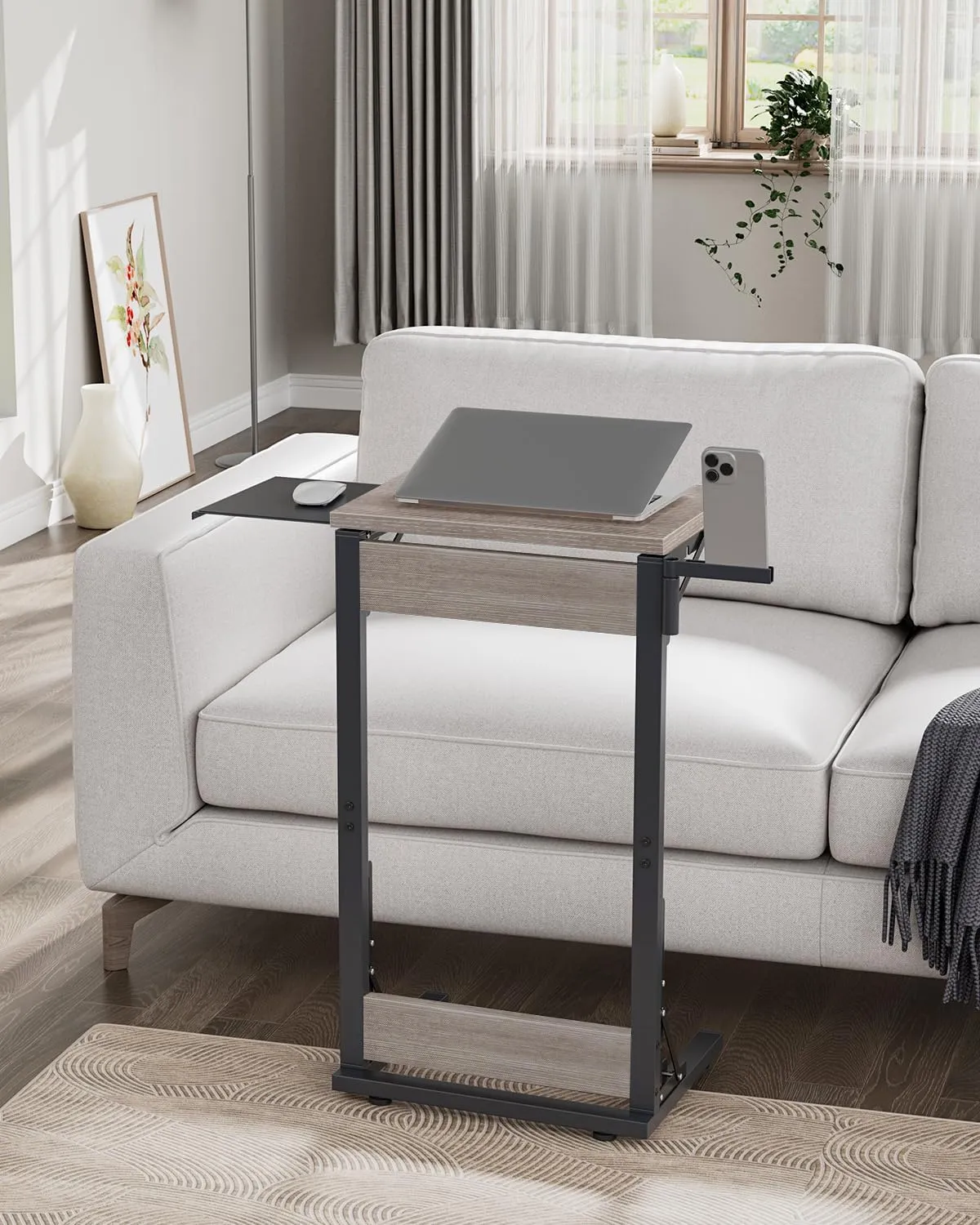 Folding TV Tray for Eating, Foldable Laptop Table with Mouse Tray for Work, C Shaped End Table Couch Desk for Living Room, Bedroom, Greige