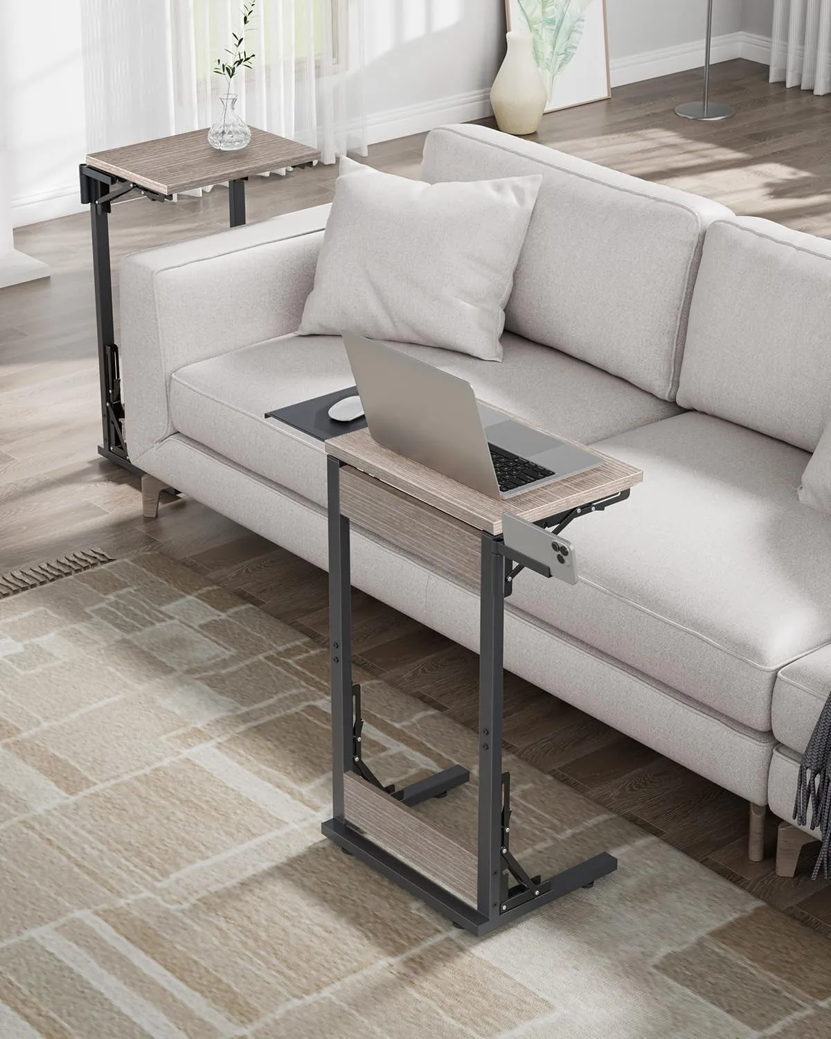 Folding TV Tray for Eating, Foldable Laptop Table with Mouse Tray for Work, C Shaped End Table Couch Desk for Living Room, Bedroom, Greige