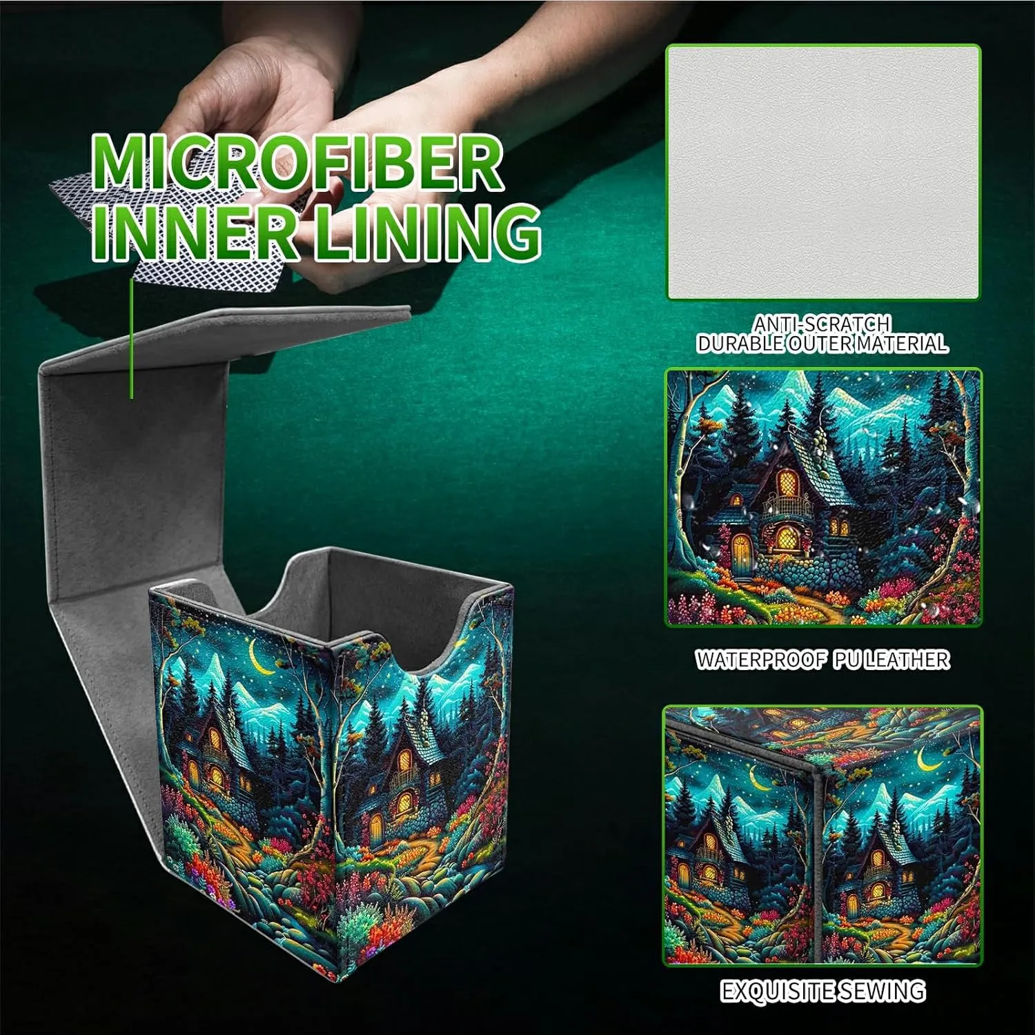 for MTG Commander Deck Box, Card Storage Box Fits 100  Sleeved Cards, PU Leather Large Size Strong Magnet Card Deck Case Holder for Board Game Magic MTG TCG CCG, Creek Chateau