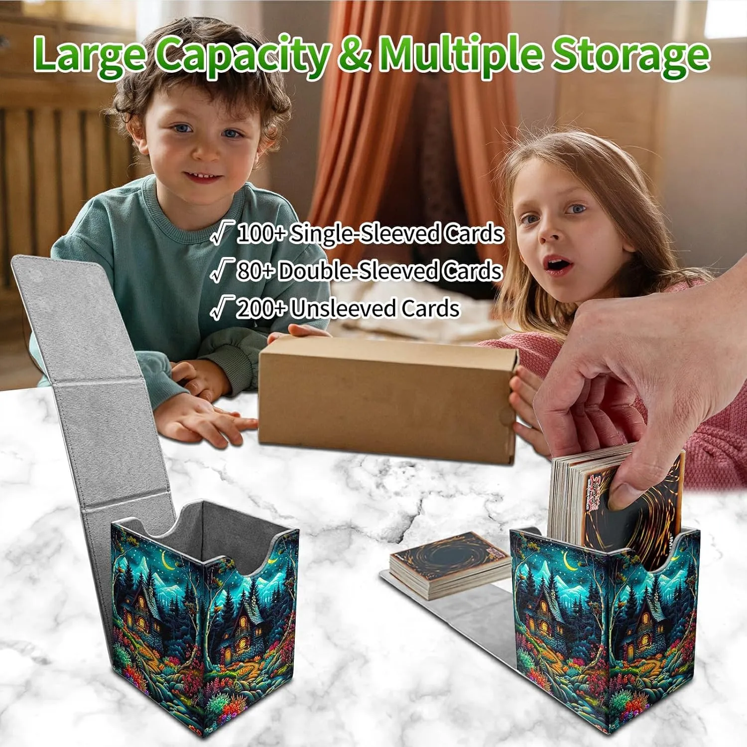 for MTG Commander Deck Box, Card Storage Box Fits 100  Sleeved Cards, PU Leather Large Size Strong Magnet Card Deck Case Holder for Board Game Magic MTG TCG CCG, Creek Chateau