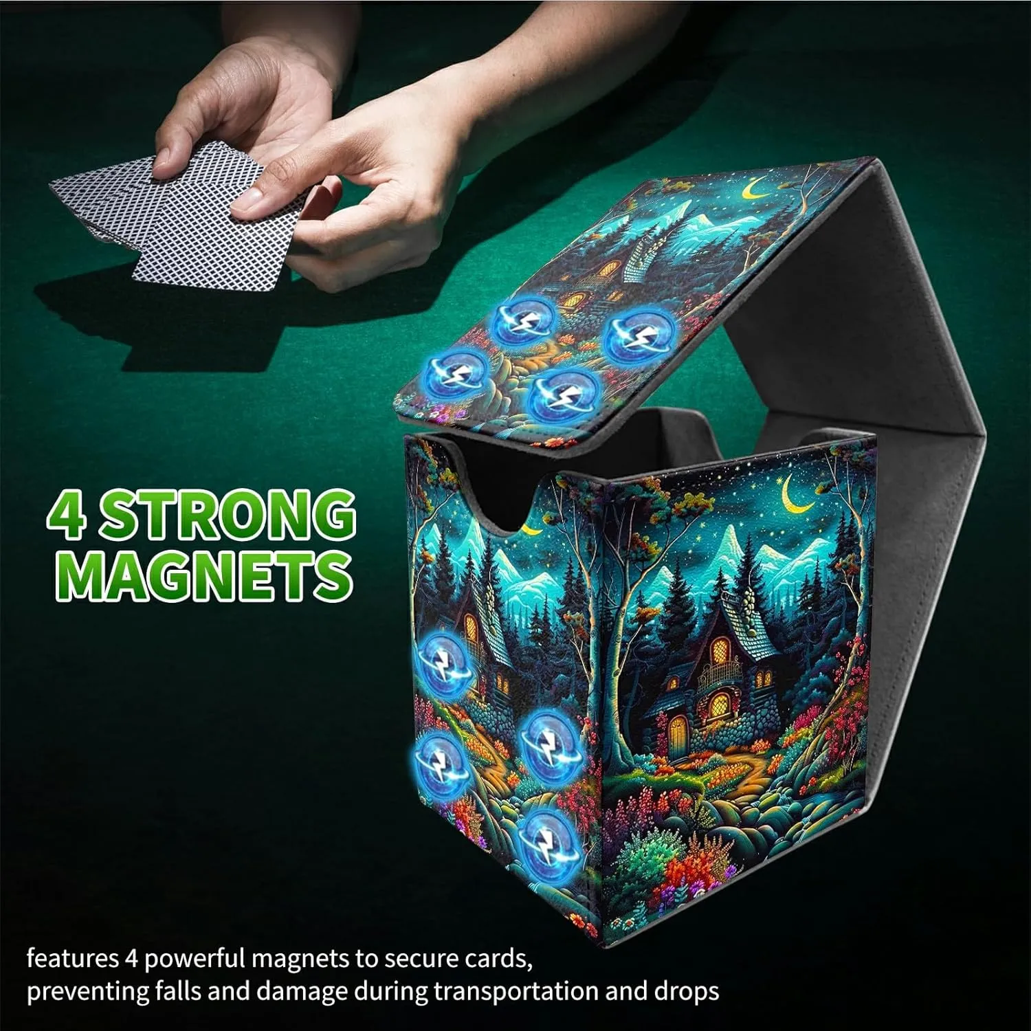 for MTG Commander Deck Box, Card Storage Box Fits 100  Sleeved Cards, PU Leather Large Size Strong Magnet Card Deck Case Holder for Board Game Magic MTG TCG CCG, Creek Chateau