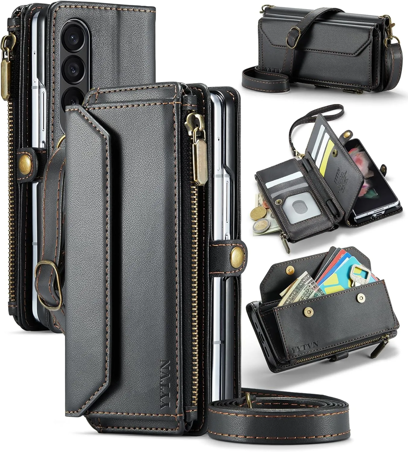 for Samsung Galaxy Z Fold 3 Wallet Case with Zipper Card Holder & Crossbody Lanyard Strap & Wrist Strap, RFID Blocking PU Leather Magnetic Flip Handbag Purse Case for Galaxy Z Fold 3 -Black