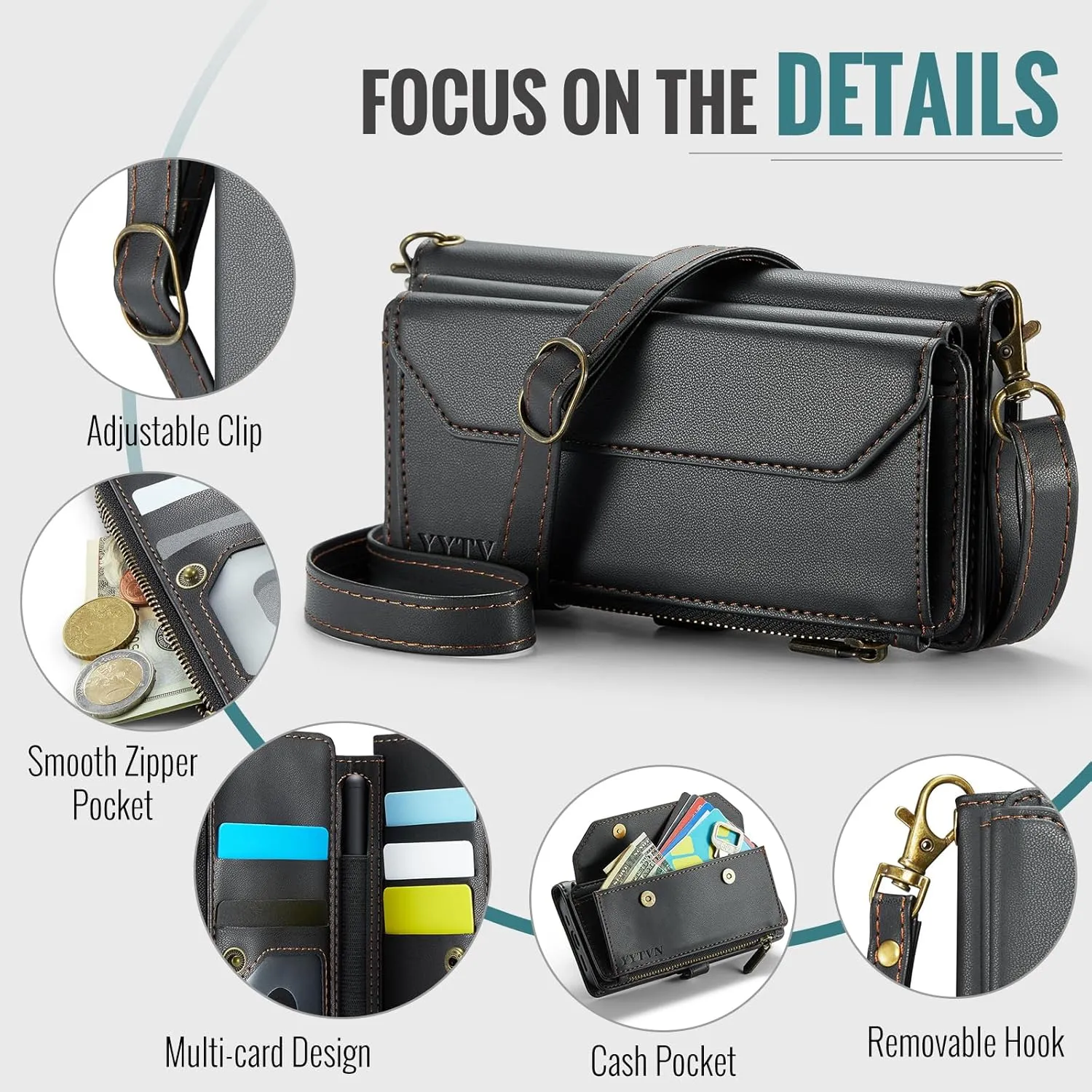 for Samsung Galaxy Z Fold 3 Wallet Case with Zipper Card Holder & Crossbody Lanyard Strap & Wrist Strap, RFID Blocking PU Leather Magnetic Flip Handbag Purse Case for Galaxy Z Fold 3 -Black