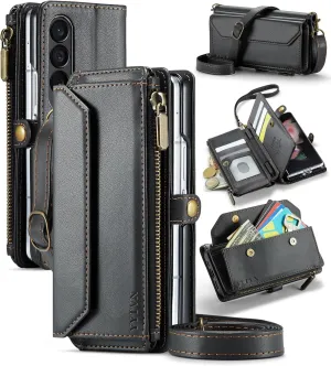 for Samsung Galaxy Z Fold 3 Wallet Case with Zipper Card Holder & Crossbody Lanyard Strap & Wrist Strap, RFID Blocking PU Leather Magnetic Flip Handbag Purse Case for Galaxy Z Fold 3 -Black