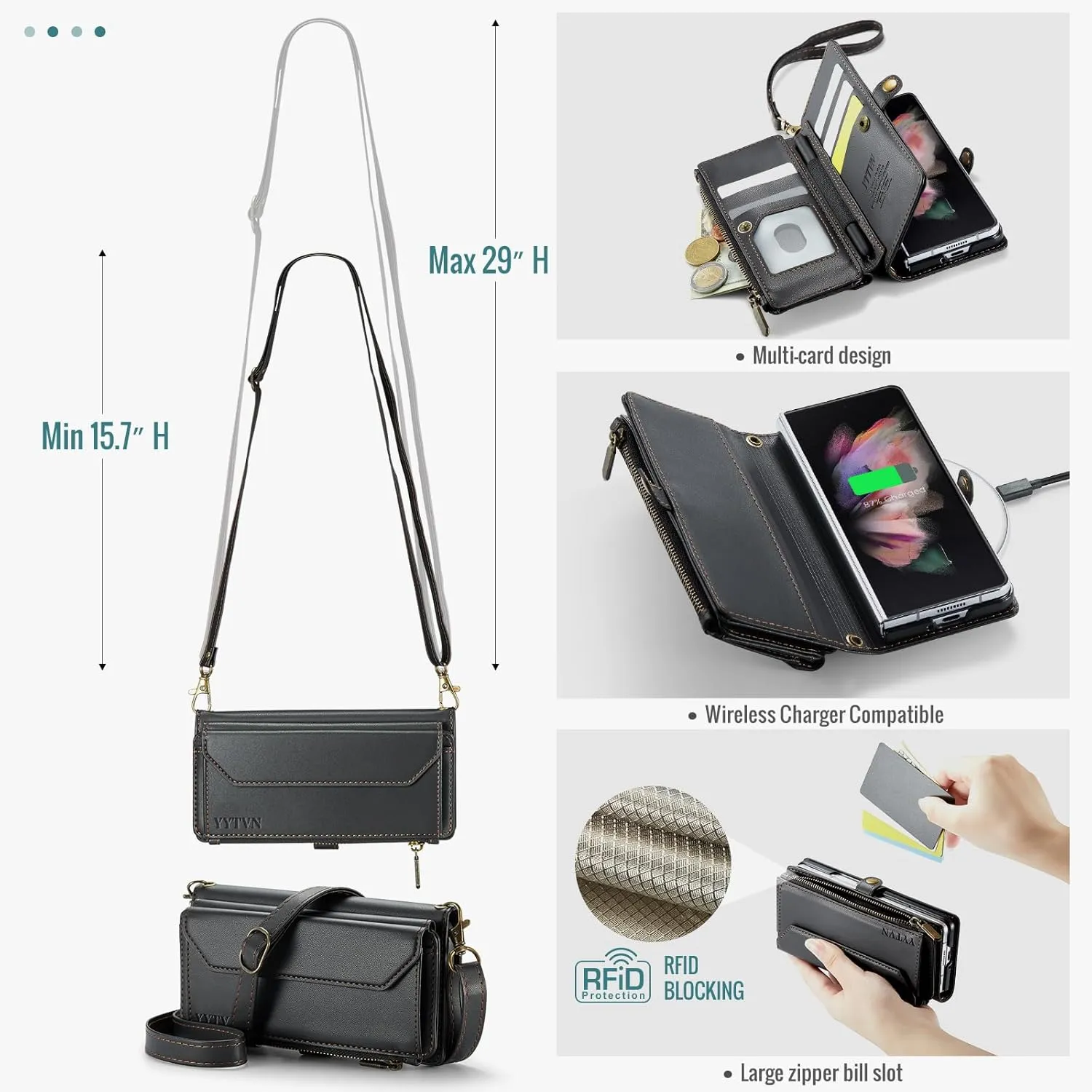 for Samsung Galaxy Z Fold 3 Wallet Case with Zipper Card Holder & Crossbody Lanyard Strap & Wrist Strap, RFID Blocking PU Leather Magnetic Flip Handbag Purse Case for Galaxy Z Fold 3 -Black