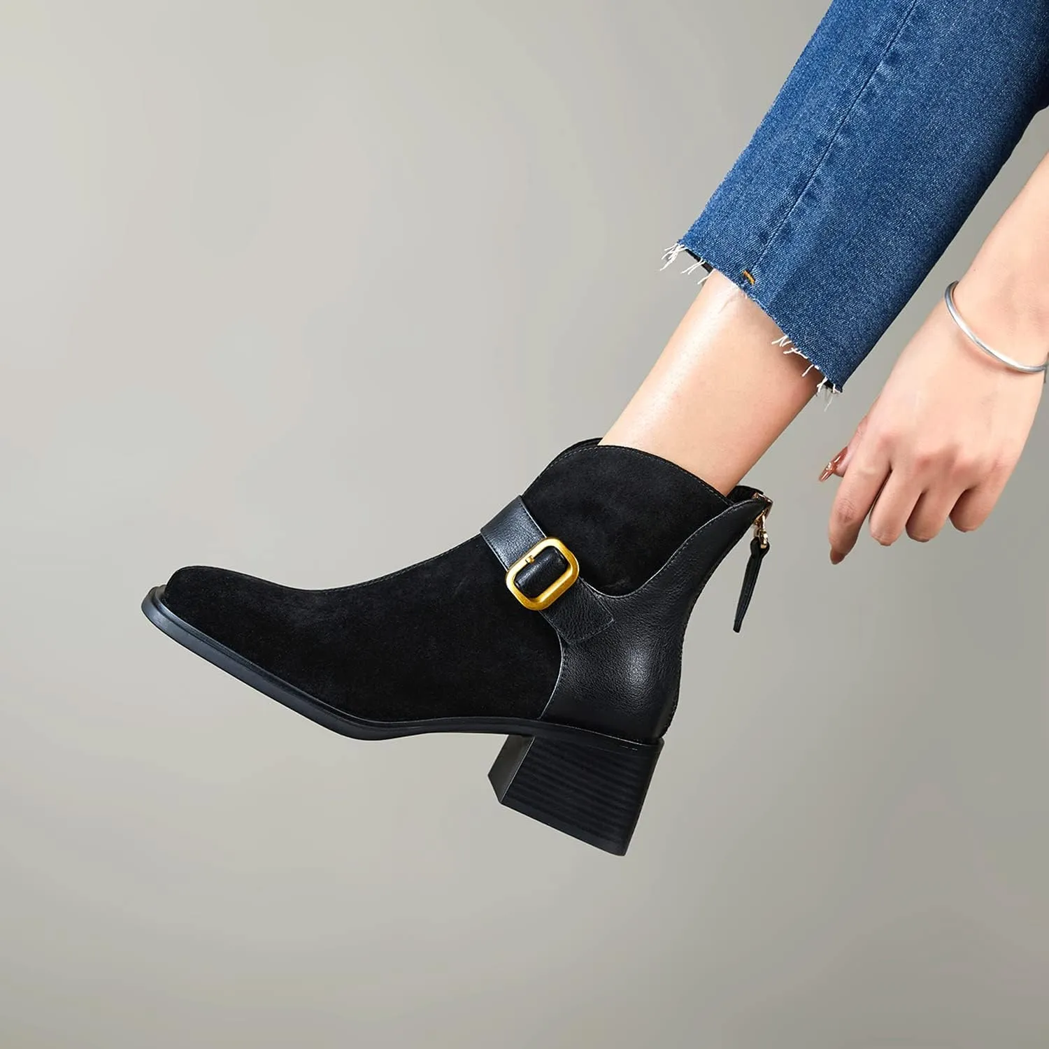 FOWT Fall Women Fashion Square Toe Suede Leather Patchwork Classic Ankle Boots Front Gold Metal Buckle Decor Block Heel Booties Chic Back Zipper Dress Uniform Casual Shoes, Black US Size 4-8.5 M