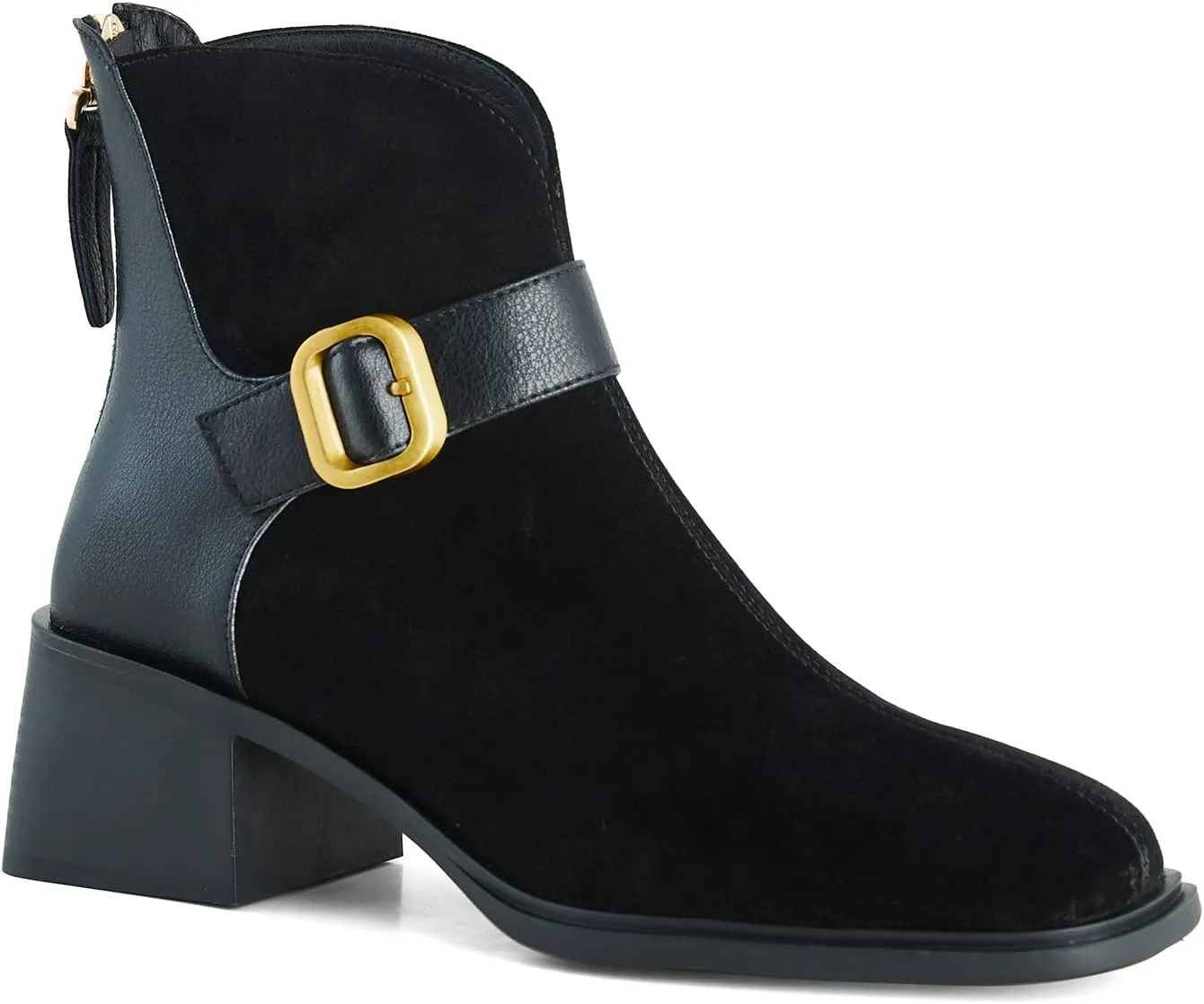 FOWT Fall Women Fashion Square Toe Suede Leather Patchwork Classic Ankle Boots Front Gold Metal Buckle Decor Block Heel Booties Chic Back Zipper Dress Uniform Casual Shoes, Black US Size 4-8.5 M