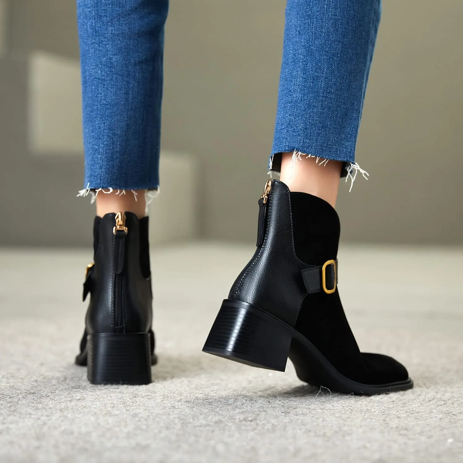 FOWT Fall Women Fashion Square Toe Suede Leather Patchwork Classic Ankle Boots Front Gold Metal Buckle Decor Block Heel Booties Chic Back Zipper Dress Uniform Casual Shoes, Black US Size 4-8.5 M