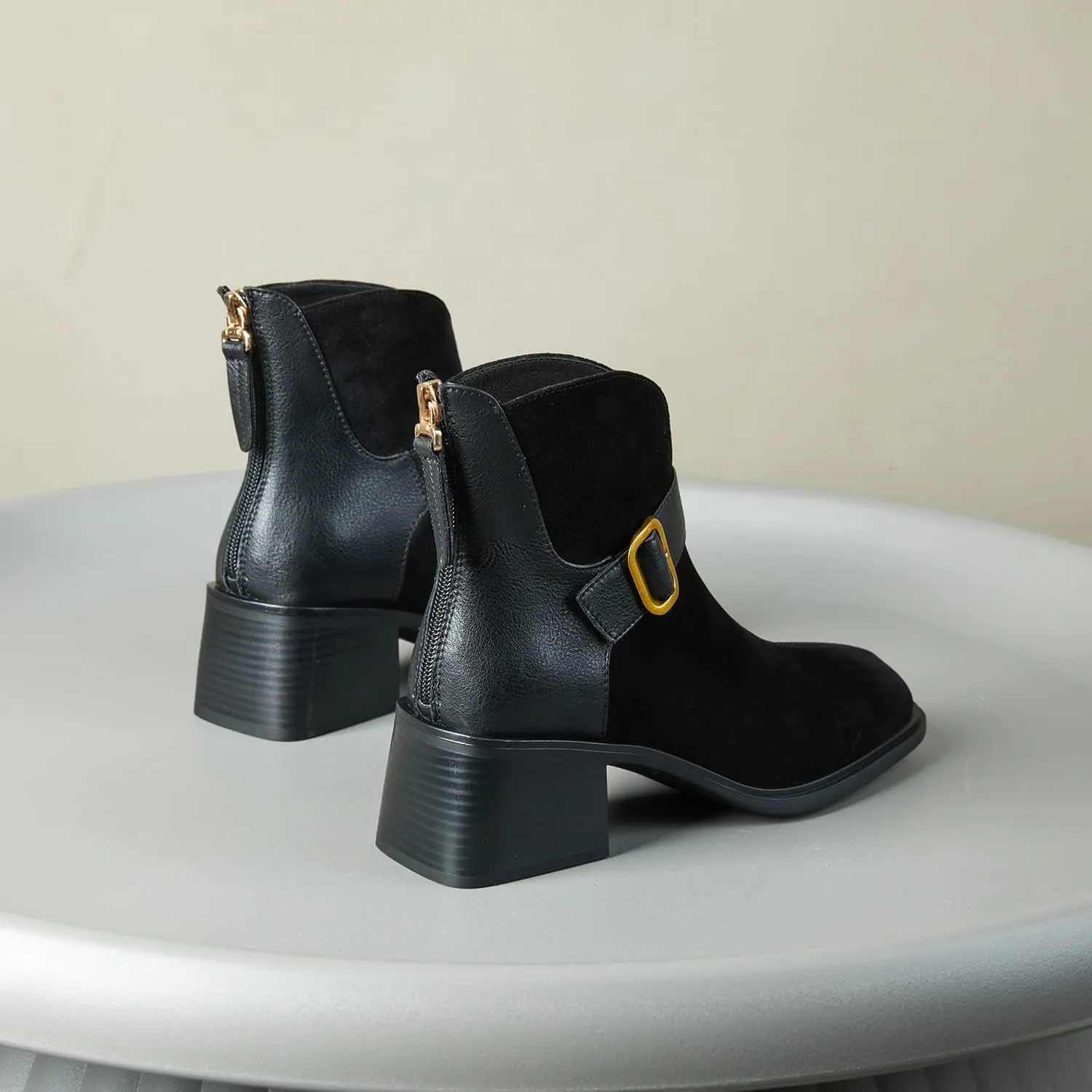 FOWT Fall Women Fashion Square Toe Suede Leather Patchwork Classic Ankle Boots Front Gold Metal Buckle Decor Block Heel Booties Chic Back Zipper Dress Uniform Casual Shoes, Black US Size 4-8.5 M