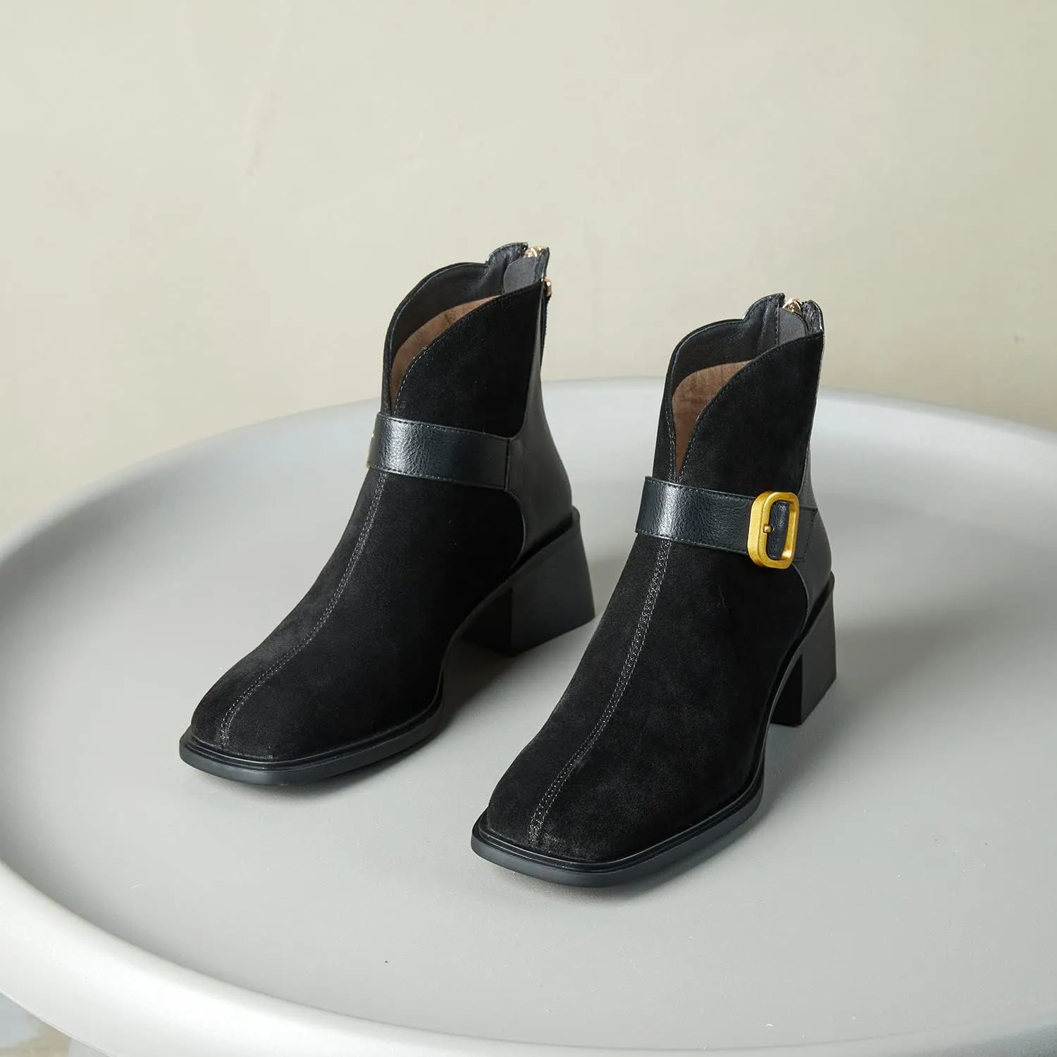 FOWT Fall Women Fashion Square Toe Suede Leather Patchwork Classic Ankle Boots Front Gold Metal Buckle Decor Block Heel Booties Chic Back Zipper Dress Uniform Casual Shoes, Black US Size 4-8.5 M