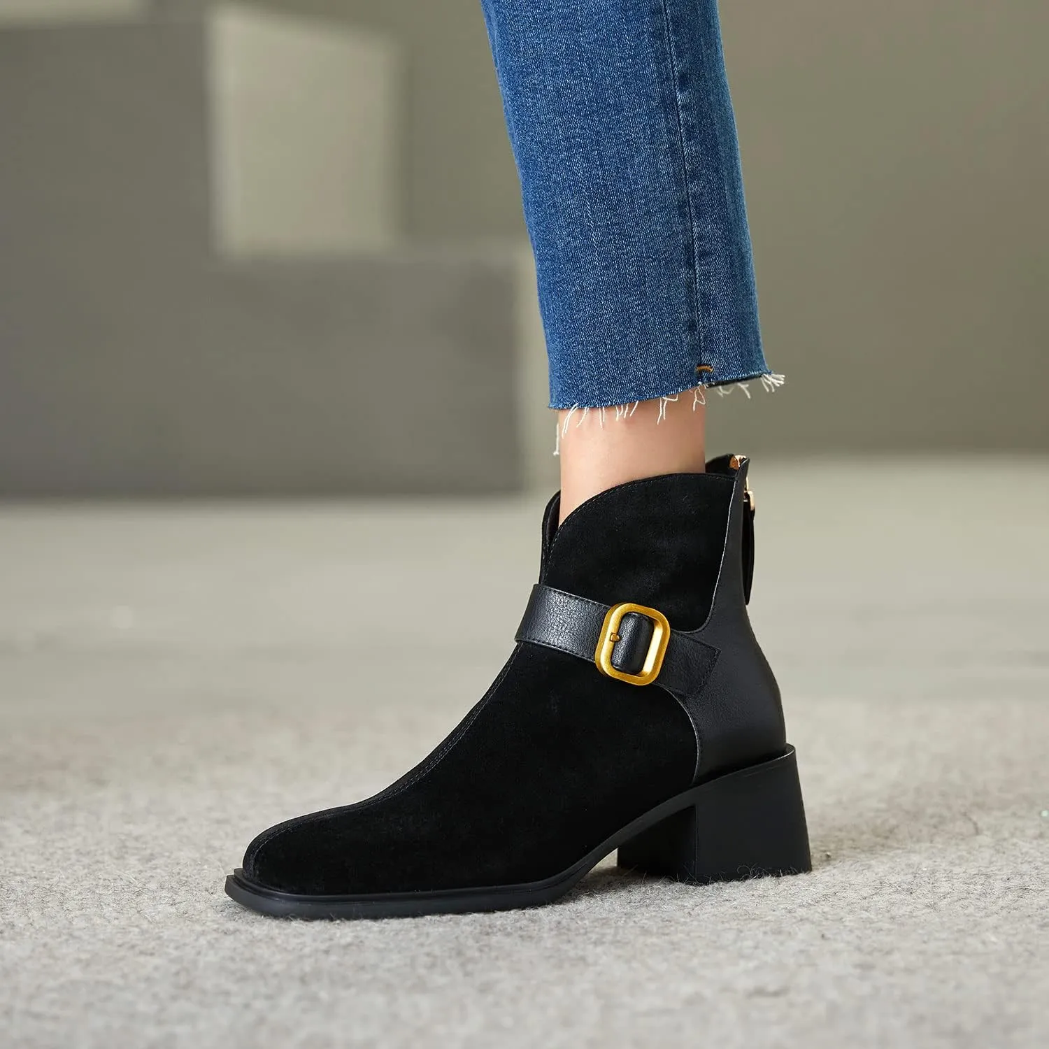 FOWT Fall Women Fashion Square Toe Suede Leather Patchwork Classic Ankle Boots Front Gold Metal Buckle Decor Block Heel Booties Chic Back Zipper Dress Uniform Casual Shoes, Black US Size 4-8.5 M