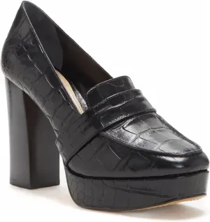 FOWT Women Chunky Heel Loafer, Stylish Square Toe High Heel Shoes, Slip-on Crocodile-Textured Black Pumps, Platform Office Loafer Ladies, Full Size 4-16 M US