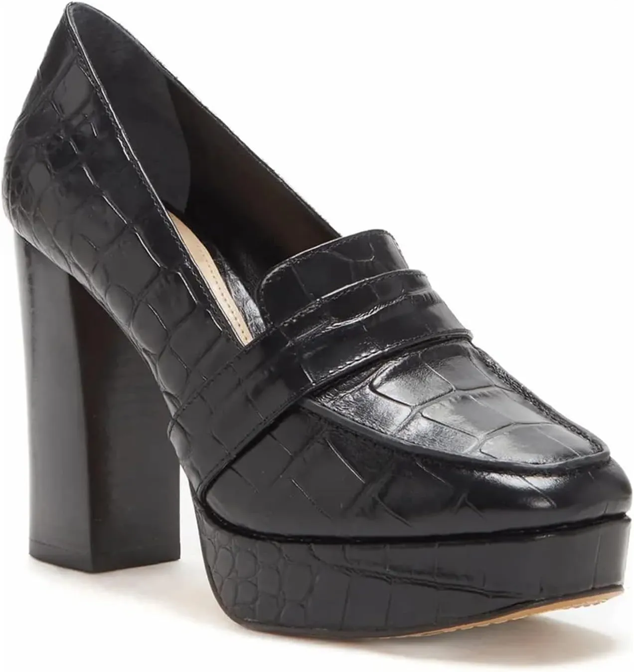 FOWT Women Chunky Heel Loafer, Stylish Square Toe High Heel Shoes, Slip-on Crocodile-Textured Black Pumps, Platform Office Loafer Ladies, Full Size 4-16 M US