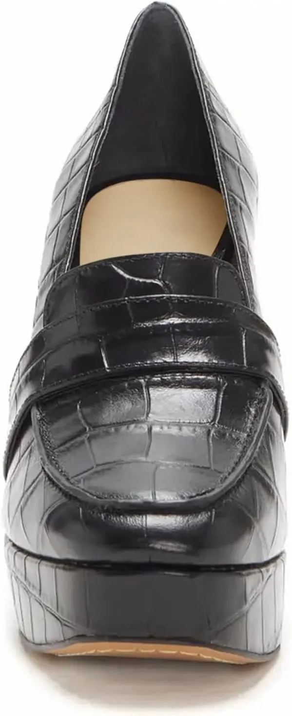FOWT Women Chunky Heel Loafer, Stylish Square Toe High Heel Shoes, Slip-on Crocodile-Textured Black Pumps, Platform Office Loafer Ladies, Full Size 4-16 M US