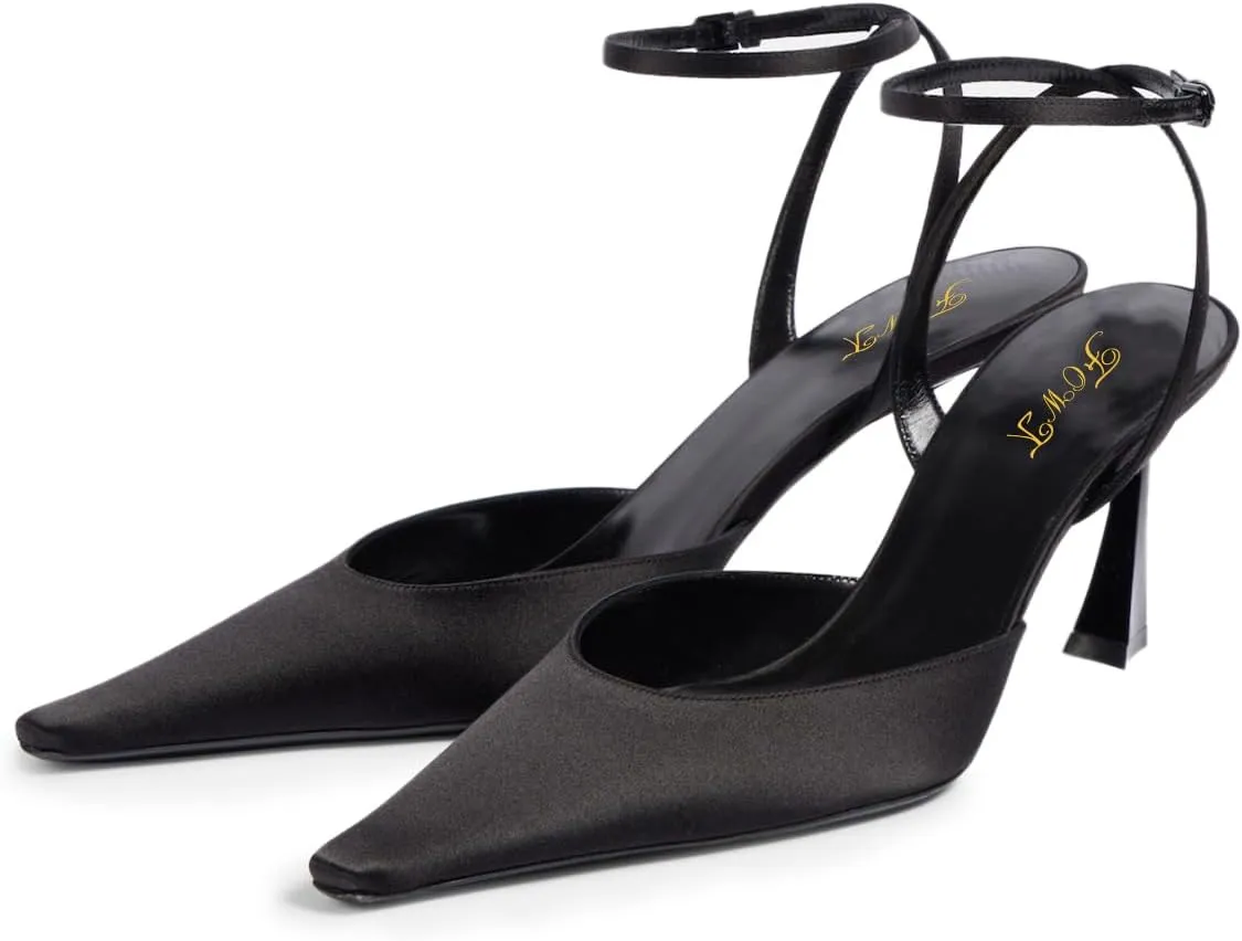 FOWT Women Graceful Pointed Toe Satin Pumps Chic High Heel Ankle Strap Buckle Prom Bride Dressy Sandals Size 4-16 US