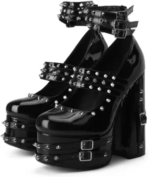 Frankie Hsu Goth Chunky Platform High Heeled Pumps Ankle Bootie, Black Patent Strappy Rivets Punk Gothic Y2K Hot Girl Boot, Big Large Size Shoes For Women Men