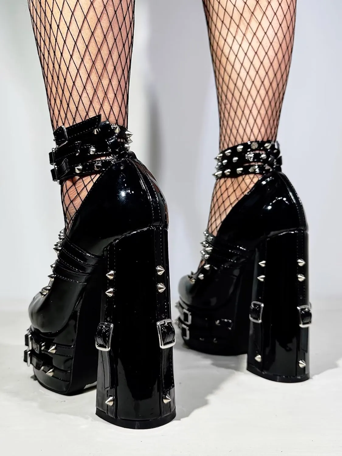 Frankie Hsu Goth Chunky Platform High Heeled Pumps Ankle Bootie, Black Patent Strappy Rivets Punk Gothic Y2K Hot Girl Boot, Big Large Size Shoes For Women Men