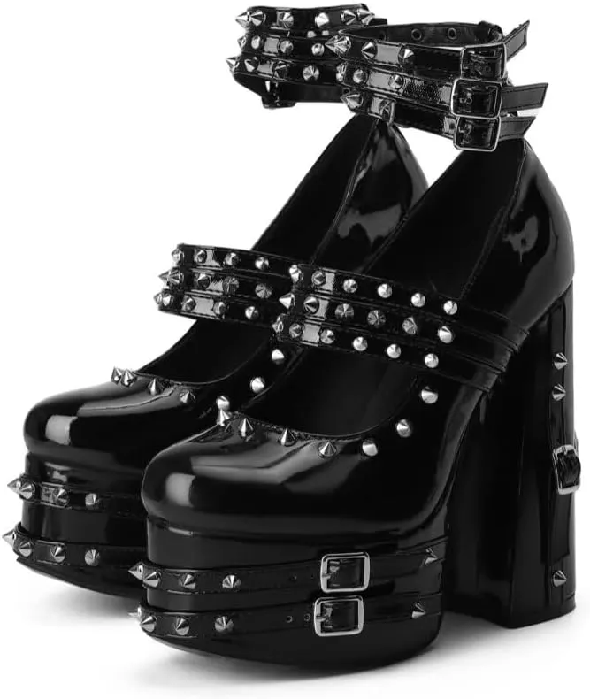 Frankie Hsu Goth Chunky Platform High Heeled Pumps Ankle Bootie, Black Patent Strappy Rivets Punk Gothic Y2K Hot Girl Boot, Big Large Size Shoes For Women Men