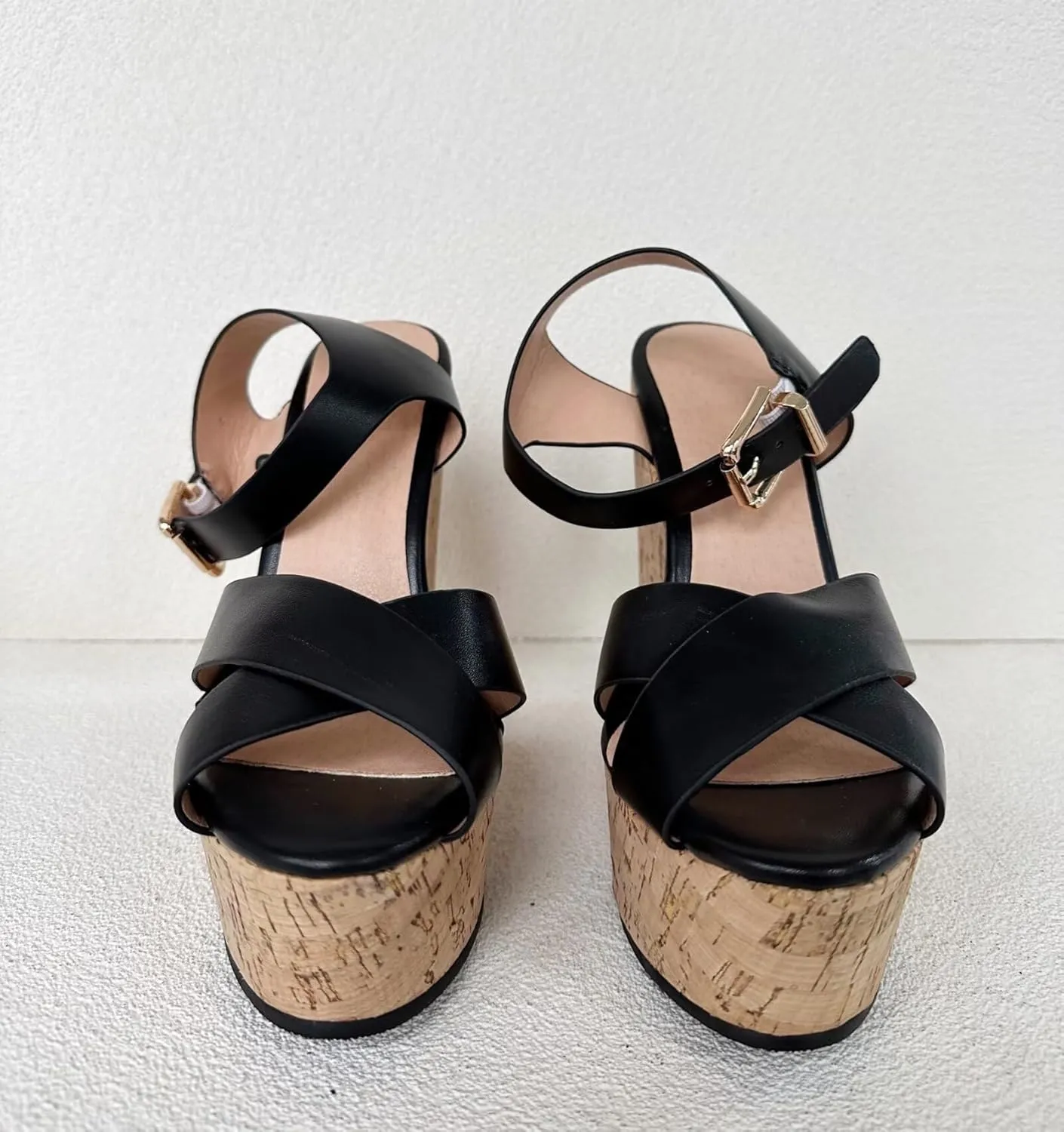 Frankie Hsu Sexy Platform Wedge Sandal, Stylish Black Cross Strap Wood Oak High Heeled Thick Style, Fashion Large Big Size US4-19 Gold Buckle Unisex Shoes For Women Men