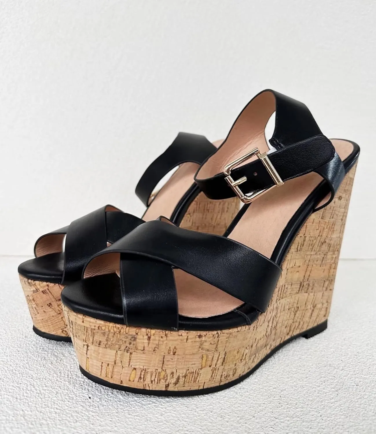 Frankie Hsu Sexy Platform Wedge Sandal, Stylish Black Cross Strap Wood Oak High Heeled Thick Style, Fashion Large Big Size US4-19 Gold Buckle Unisex Shoes For Women Men