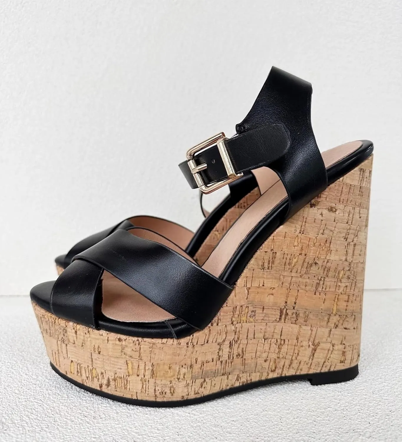 Frankie Hsu Sexy Platform Wedge Sandal, Stylish Black Cross Strap Wood Oak High Heeled Thick Style, Fashion Large Big Size US4-19 Gold Buckle Unisex Shoes For Women Men