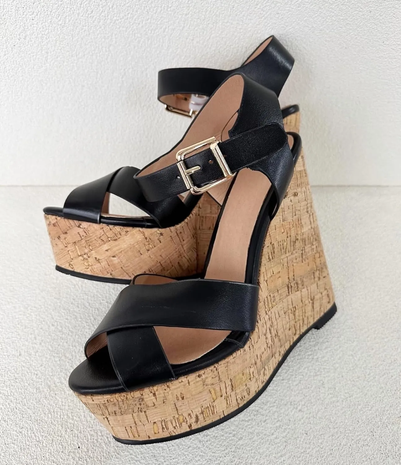 Frankie Hsu Sexy Platform Wedge Sandal, Stylish Black Cross Strap Wood Oak High Heeled Thick Style, Fashion Large Big Size US4-19 Gold Buckle Unisex Shoes For Women Men
