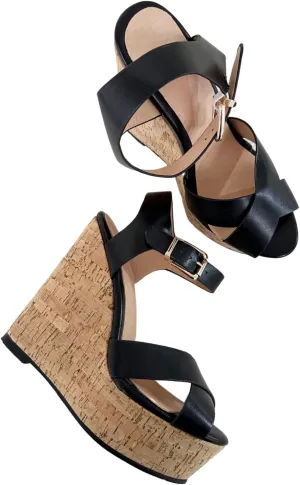 Frankie Hsu Sexy Platform Wedge Sandal, Stylish Black Cross Strap Wood Oak High Heeled Thick Style, Fashion Large Big Size US4-19 Gold Buckle Unisex Shoes For Women Men